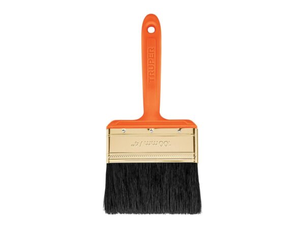 Brocha profesional Truper de 4 pulgadas con mango naranja y cerdas negras