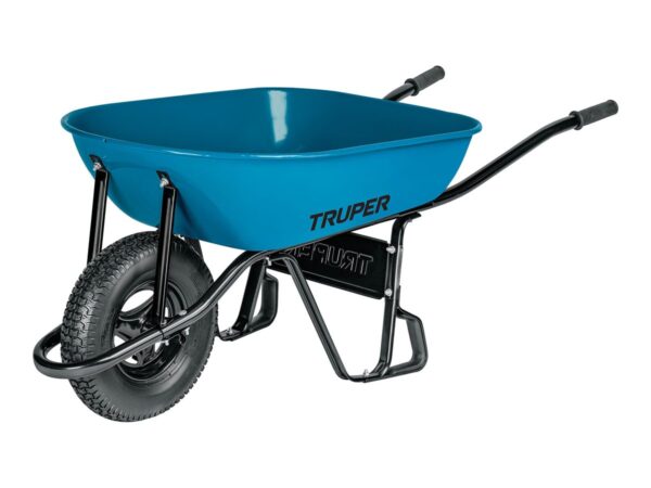 Carretilla Truper de obra con concha azul, llanta neumática y bastidor tubular negro