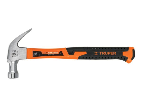 Martillo de carpintero Truper de 16 oz con uña curva y mango de fibra de vidrio naranja y negro